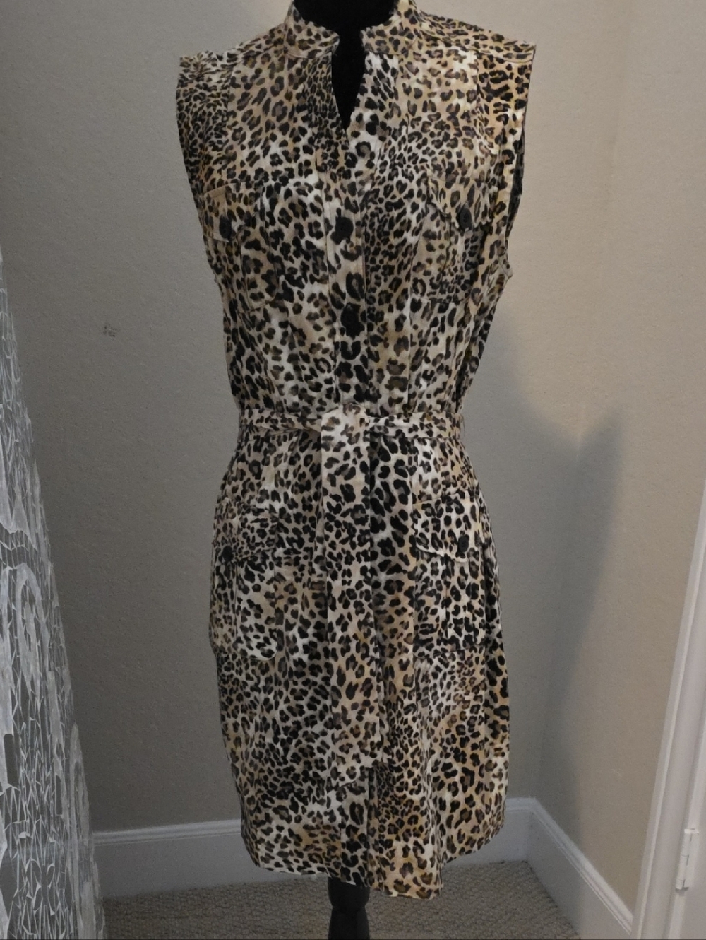 Leopard Print Sleeveless Dress - Beige